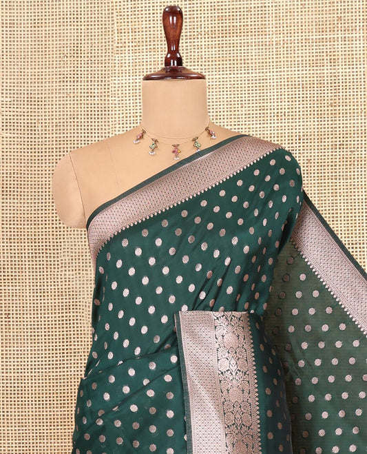 Green Elite Soft Silk Saree, Elevated with Rudraksham Zari Buttas, Traditional Zari Border, Rich Pallu, and a Matching Blouse