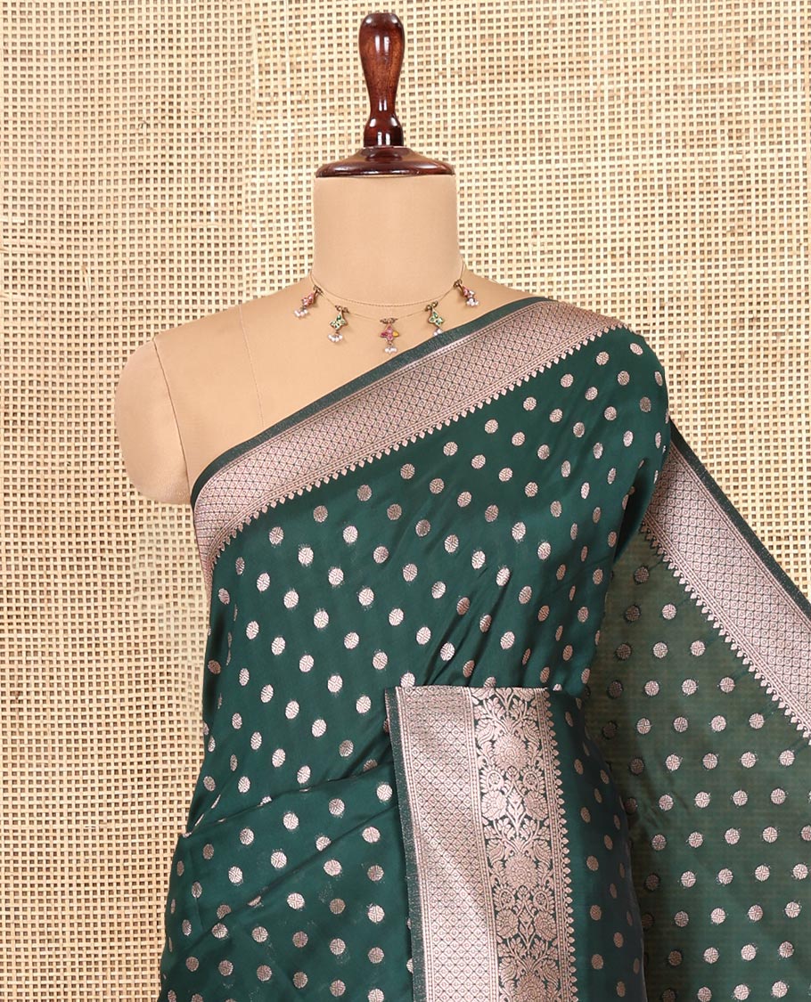 Green Elite Soft Silk Saree, Elevated with Rudraksham Zari Buttas, Traditional Zari Border, Rich Pallu, and a Matching Blouse