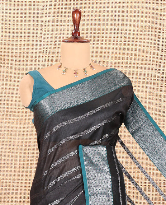 Black Zari-Striped Semi-Raw Silk Saree with a Contrast Zari Border, Intricate Pallu, and Contrast Blouse
