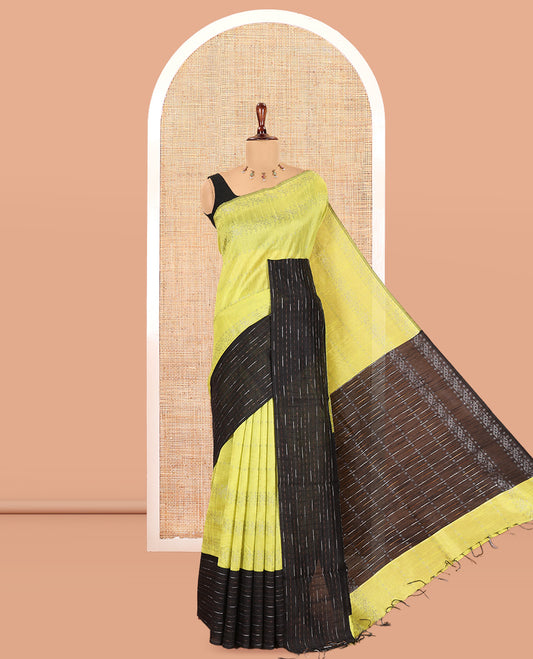 Lime Green Semi-Raw Silk Saree, Sparsely Woven with Zari Designs, a Contrast Striped Border, Striped Pallu, and a Contrast Blouse