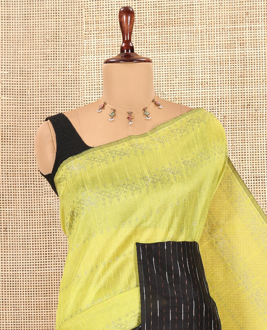 Lime Green Semi-Raw Silk Saree, Sparsely Woven with Zari Designs, a Contrast Striped Border, Striped Pallu, and a Contrast Blouse