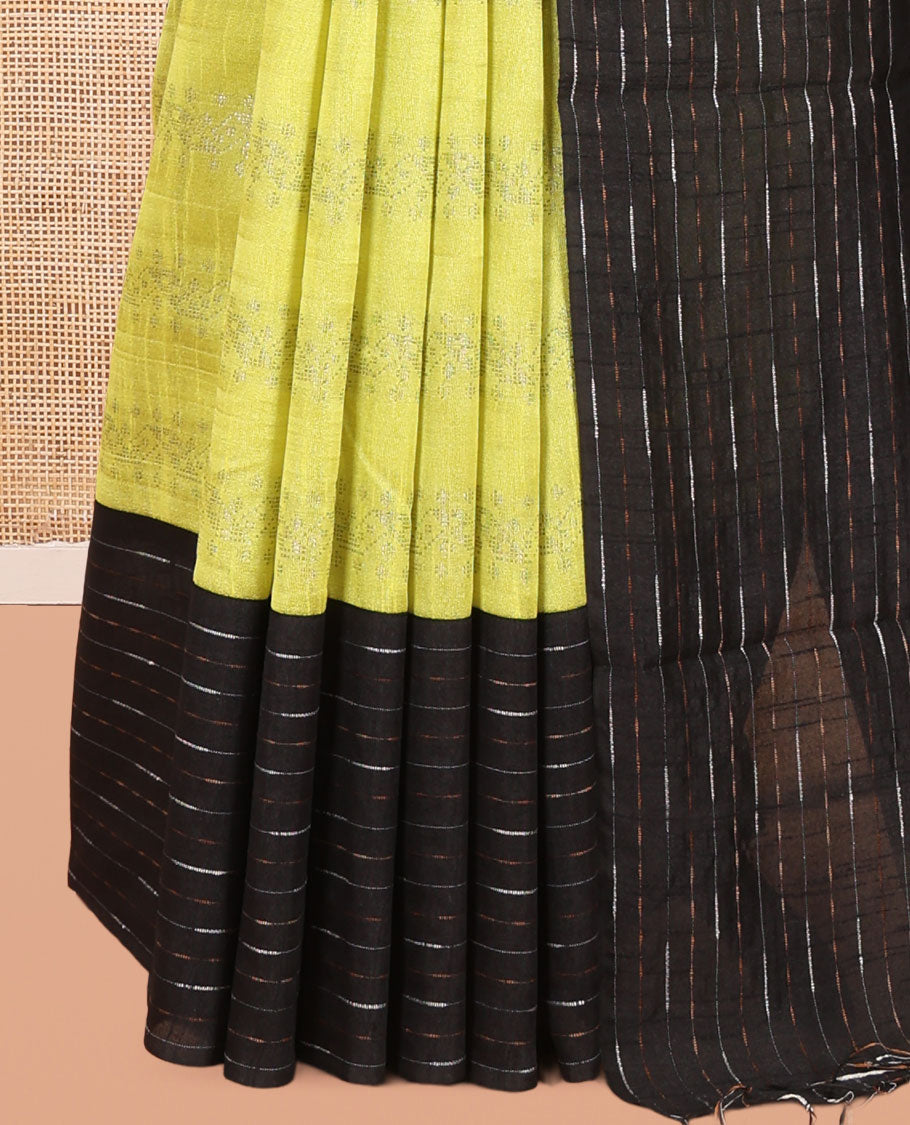 Lime Green Semi-Raw Silk Saree, Sparsely Woven with Zari Designs, a Contrast Striped Border, Striped Pallu, and a Contrast Blouse