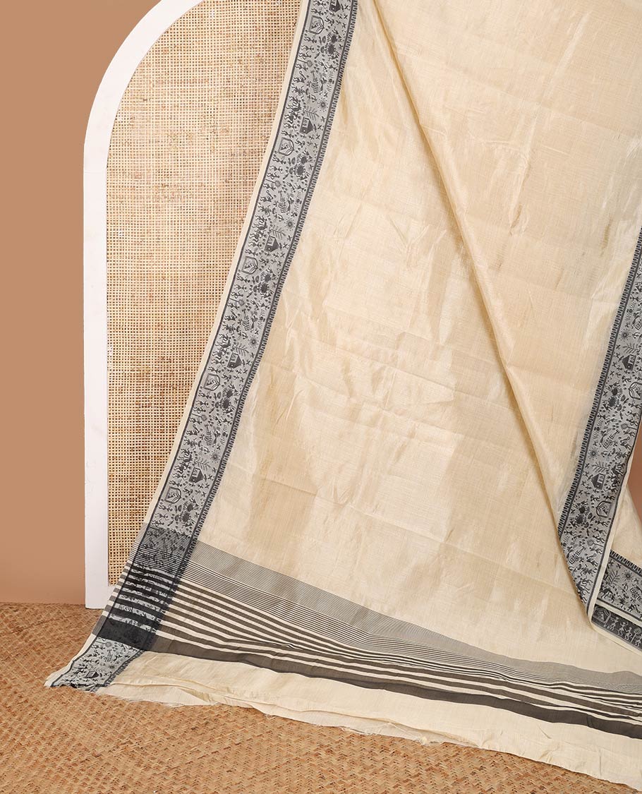 Cream art tussar silk saree with thread border & cheer pallu along with running blouse