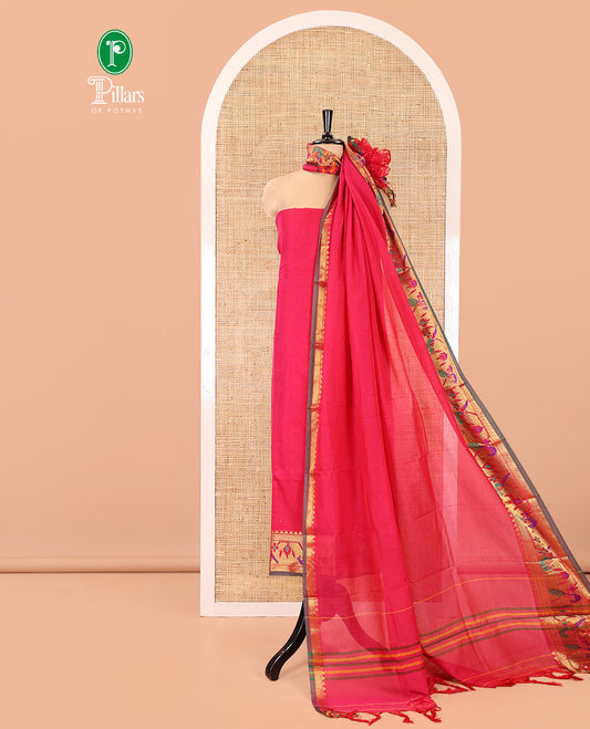 Pink Mercerised Cotton Material Chudidar Set, Accentuated with Paithani Bordered Top, a Mercerised Cotton Bottom, and Paired with a Matching Mercerised Cotton Paithani Bordered Dupatta
