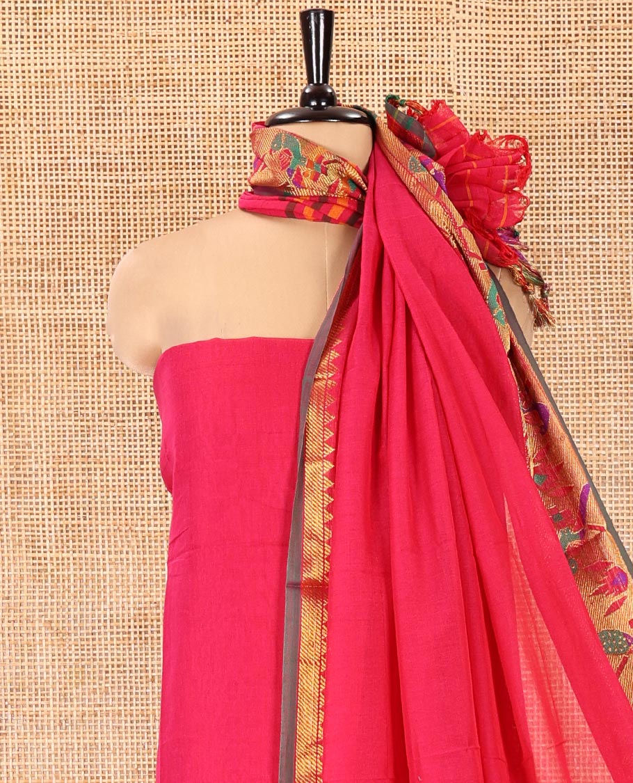 Pink Mercerised Cotton Material Chudidar Set, Accentuated with Paithani Bordered Top, a Mercerised Cotton Bottom, and Paired with a Matching Mercerised Cotton Paithani Bordered Dupatta