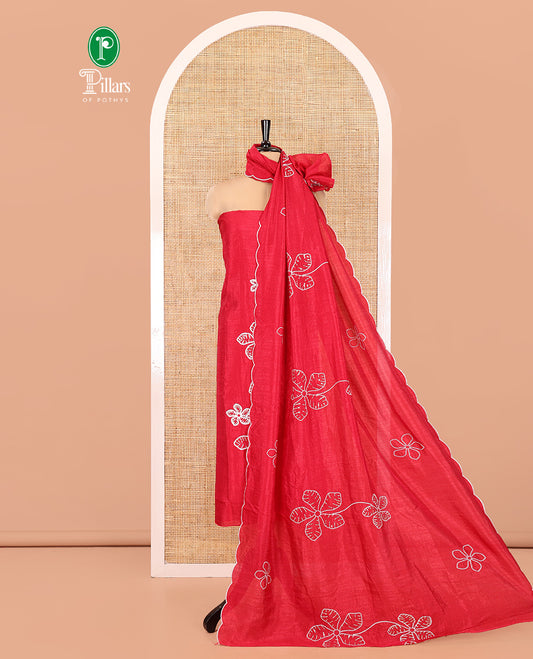 Red Material Chudidar Set, Delicately Woven with Floral Thread Embroidered Mul Chanderi Top, a Mul Chanderi Bottom, Paired with Floral Thread-Embroidered Mul Chanderi Dupatta