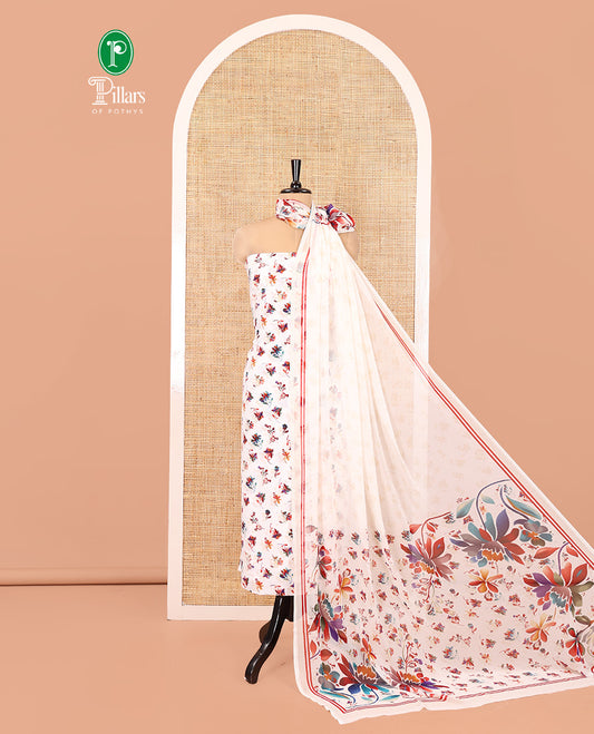 Cream Italian Crepe Material Chudidar Set, Features Floral Motifs Top, a Plain Bottom, and Paired with a Kaleidoscopic-Colored, Floral-Printed Georgette Dupatta