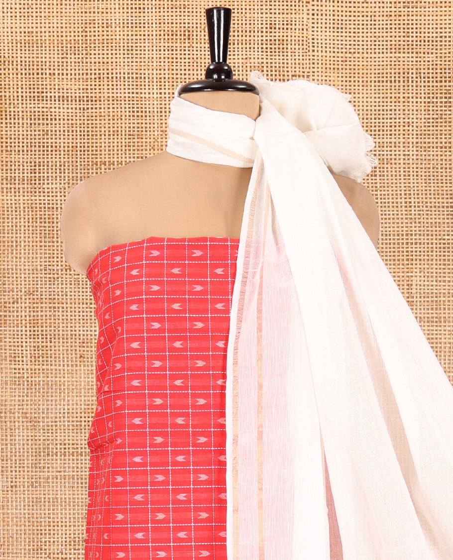 Red Handloom Cotton Material Chudidar Set Featuring Butta Enclosed Checked Top, Heathered Bottom, and Dual-Color Dupatta