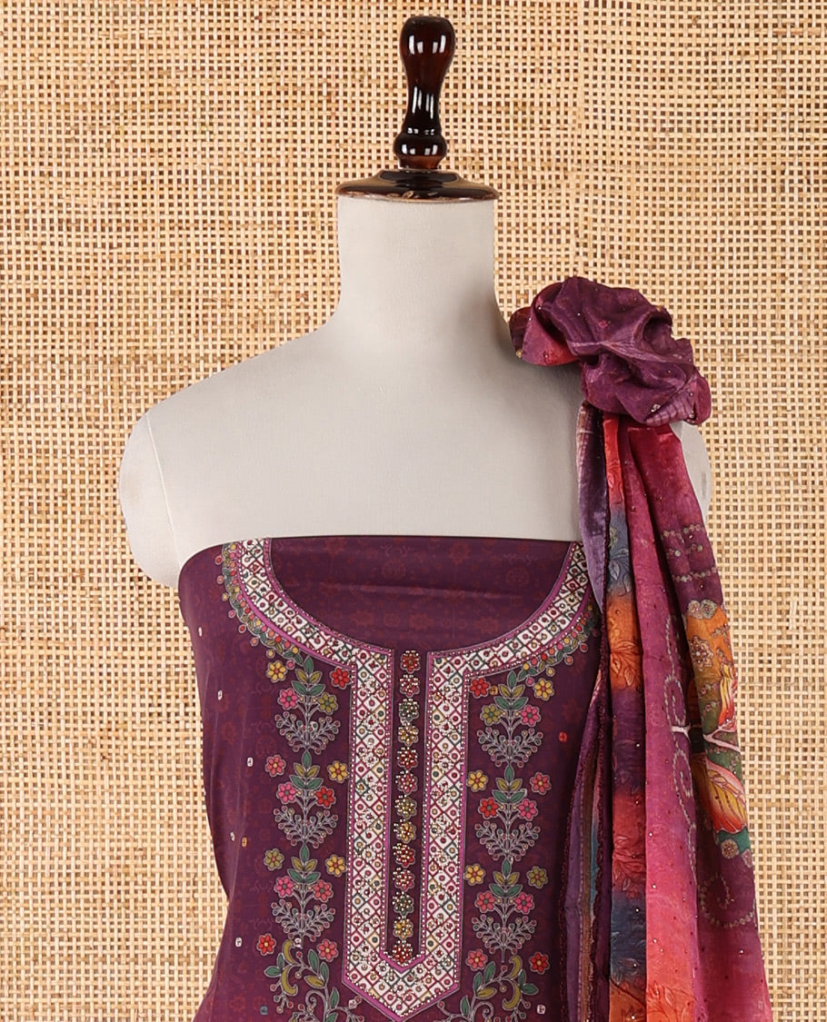 Wine chudidar material set, double-shaded daman flower design print with stone work crepe top, leaf motif print & lace work kaleidoscopic-colored chinon dupatta & plain crepe bottom