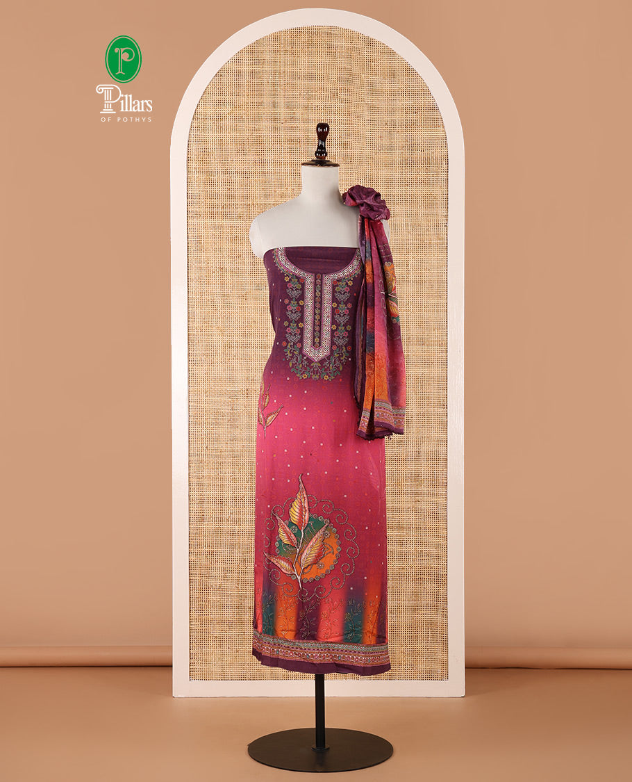 Wine chudidar material set, double-shaded daman flower design print with stone work crepe top, leaf motif print & lace work kaleidoscopic-colored chinon dupatta & plain crepe bottom