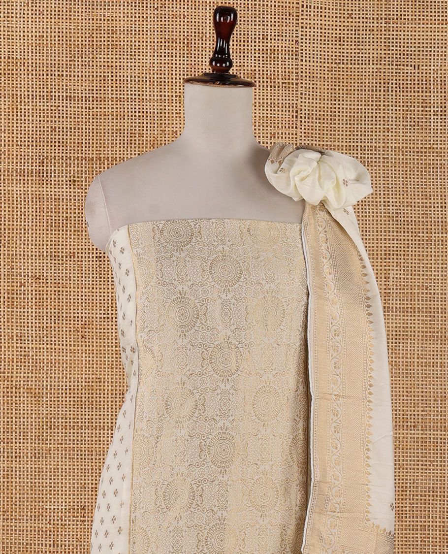 Cream banarasi mal chanderi material chudidar set, centre jacquard & zari buttas top, plain bottom & zari design dupatta