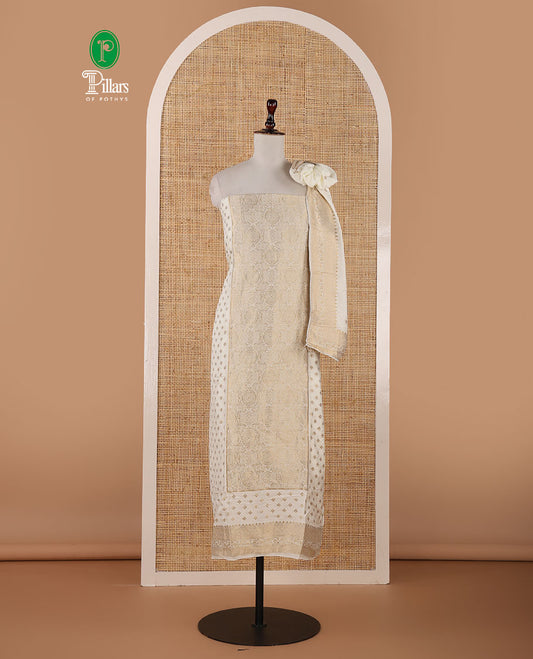Cream banarasi mal chanderi material chudidar set, centre jacquard & zari buttas top, plain bottom & zari design dupatta
