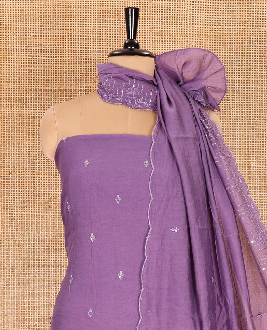 Lavender material chudidar set, Kashmir embroidered and sequins work mul chanderi top, plain santoon bottom, and scallop embroidered dupatta