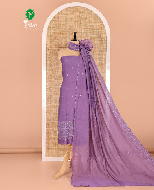 Lavender material chudidar set, Kashmir embroidered and sequins work mul chanderi top, plain santoon bottom, and scallop embroidered dupatta