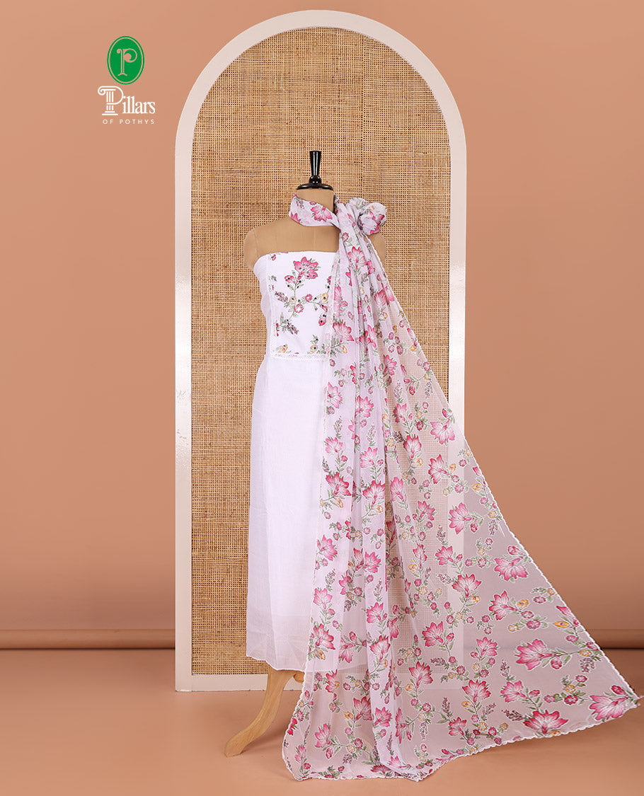 White-pink material chudidar set, floral vine printed with orginal mirror work Vichitra silk top, a matching bottom, and a floral vine printed georgette dupatta