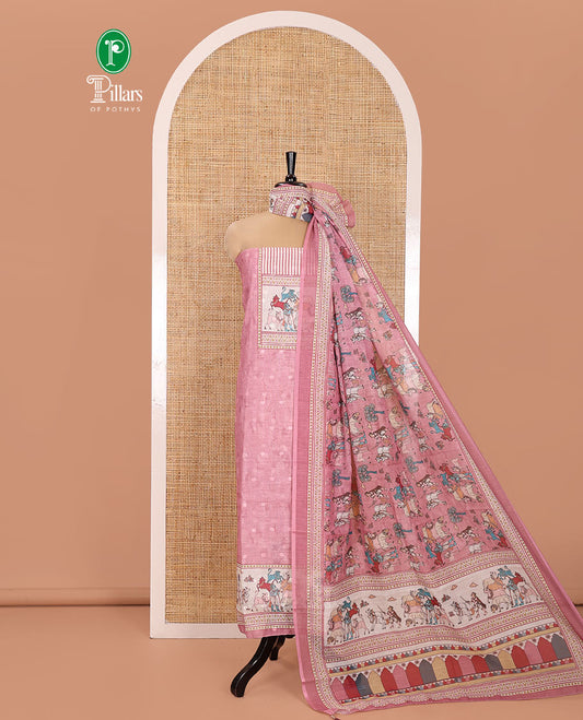 Pink Material Churidar Set, Sparsely Woven with Buttas and Pichwai Cow Printed Semi-Linen Top, Comes with a Contrast Plain Santoon Bottom, Santoon Dupatta of Unique Pichwai and Human Figurines Print