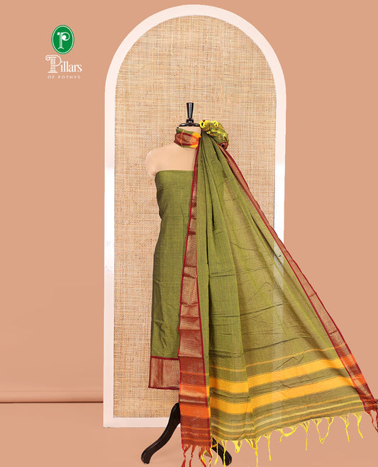Green Mercerised Cotton Material Churidar Set, Subtly Made with Plain and Traditional Ara Maadam Bordered Top, Comes with a Plain Mercerised Cotton Bottom, and Is Paired with a Mercerised Cotton Ara Maadam Woven Dupatta