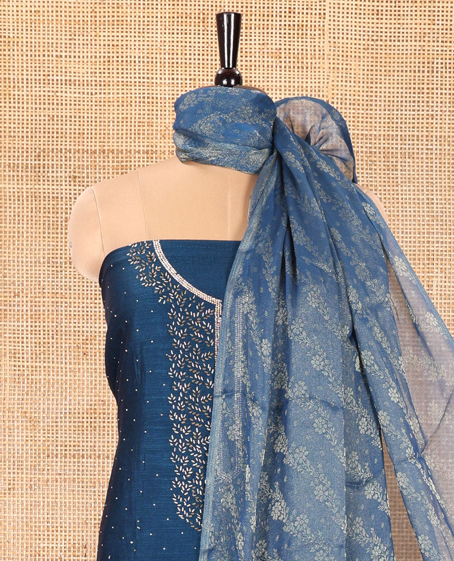 Blue Vichitra Silk Material Churidar Set, Gleamed Up with Swarovski Stone Work and Neck Work Top, Comes with a Plain Santoon Bottom, and Is Paired with Nc Moss Organza Floral Jaal Design Dupatta