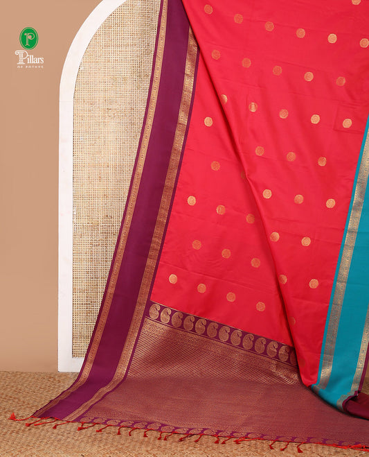 Pink chakra buttas semi-soft silksaree,contrast ganga jamuna rettai pettu traditional border & pallu of paisley & stripes