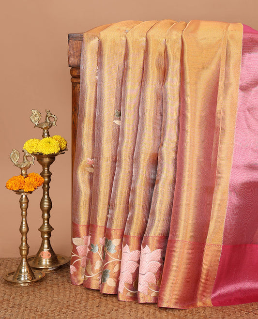 Pink floral embroidery celebrity tissue saree, contrast pastel multi-color floral creeper embroidery border & contrast blouse