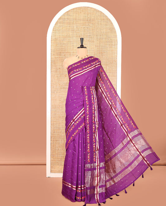 Purple Assam Silk Saree, Adorned with Buttas on Its Body, Highlighted by a Self-Border of Paithani-Style Floral-Bird Motifs, Zari Striped Pallu, and Paired with a Matching Blouse
