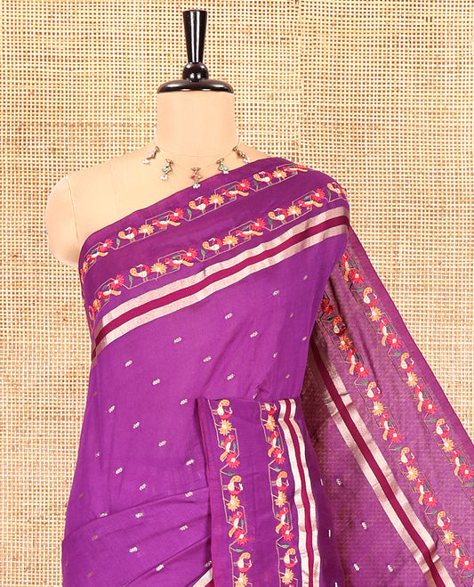 Purple Assam Silk Saree, Adorned with Buttas on Its Body, Highlighted by a Self-Border of Paithani-Style Floral-Bird Motifs, Zari Striped Pallu, and Paired with a Matching Blouse