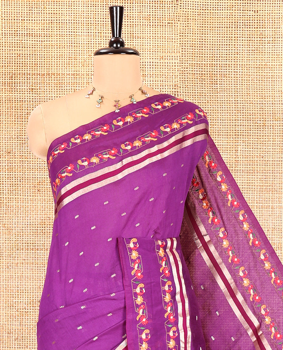 Purple Assam Silk Saree, Adorned with Buttas on Its Body, Highlighted by a Self-Border of Paithani-Style Floral-Bird Motifs, Zari Striped Pallu, and Paired with a Matching Blouse