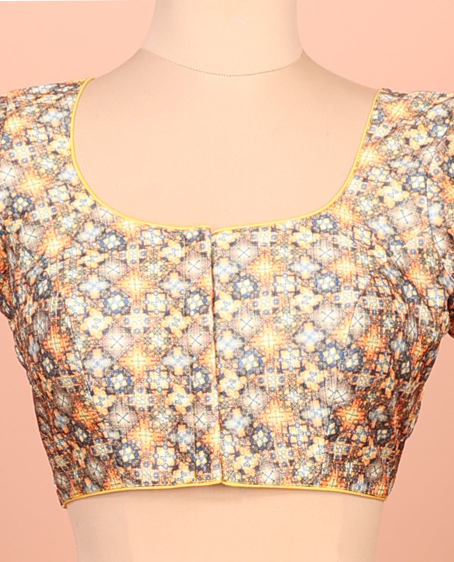 Multi-color Readymade Blouse Featuring Geometric Print, a Front Round-Neck, Back Round-Neck, and Half-Sleeves