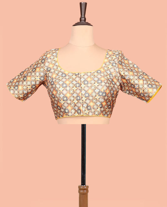 Multi-color Readymade Blouse Featuring Geometric Print, a Front Round-Neck, Back Round-Neck, and Half-Sleeves