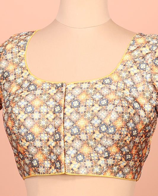 Multi-color Readymade Blouse Featuring Geometric Print, a Front Round-Neck, Back Round-Neck, and Half-Sleeves