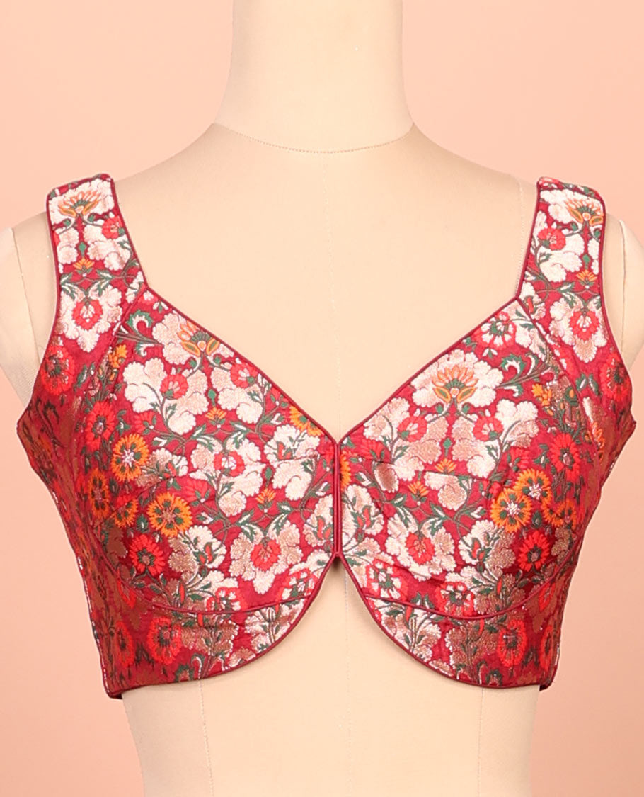 Red floral meenakari jacquard front-back V-neck sleeveless readymade blouse