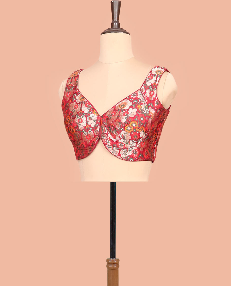 Red floral meenakari jacquard front-back V-neck sleeveless readymade blouse