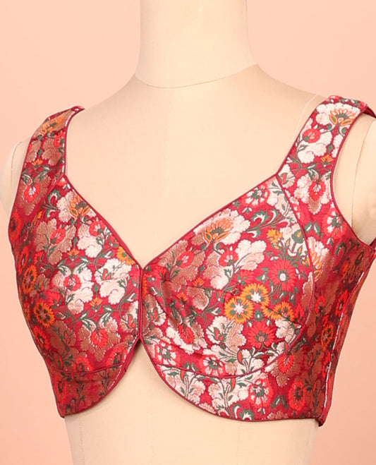 Red floral meenakari jacquard front-back V-neck sleeveless readymade blouse
