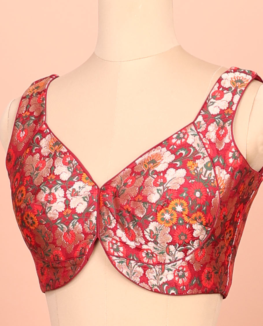 Red floral meenakari jacquard front-back V-neck sleeveless readymade blouse