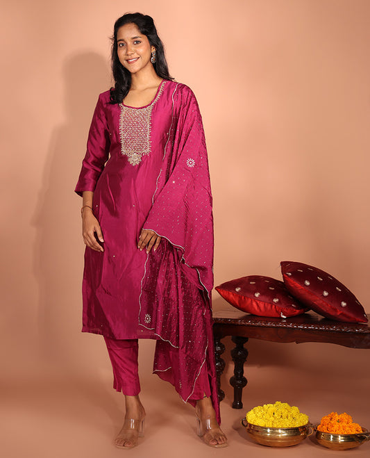 Maroon Glass Fabric Readymade Suit