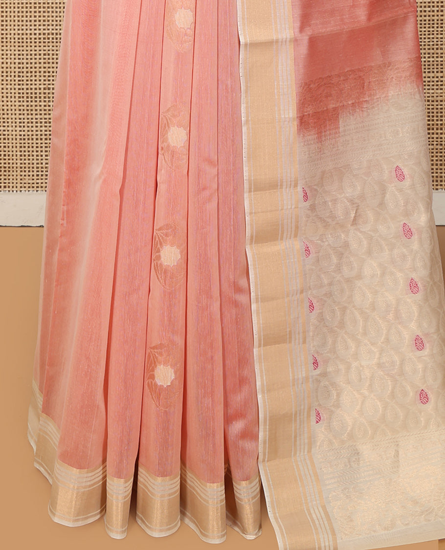 Peach Silk Cotton Saree, Sparsely Woven with Buttas, a Contrast Zari Border, Intricately Designed Pallu, and a Contrast Blouse
