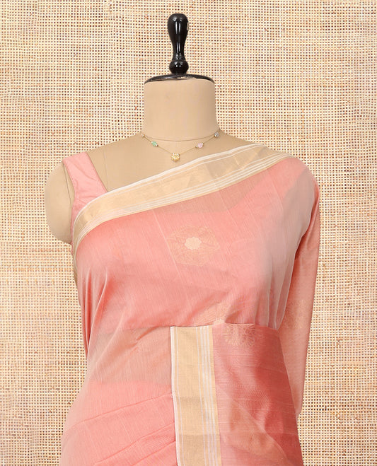 Peach Silk Cotton Saree, Sparsely Woven with Buttas, a Contrast Zari Border, Intricately Designed Pallu, and a Contrast Blouse