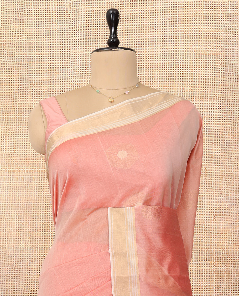 Peach Silk Cotton Saree, Sparsely Woven with Buttas, a Contrast Zari Border, Intricately Designed Pallu, and a Contrast Blouse