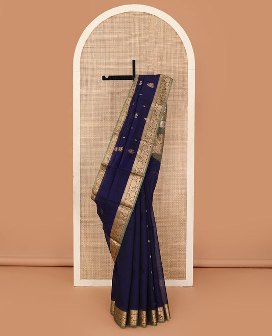 Blue zari buttas silk cotton saree, contrast floral creeper zari border, and pallu of floral designs