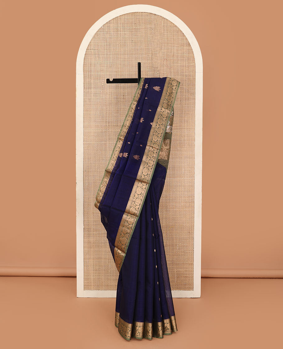 Blue zari buttas silk cotton saree, contrast floral creeper zari border, and pallu of floral designs