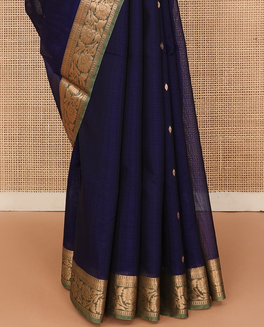 Blue zari buttas silk cotton saree, contrast floral creeper zari border, and pallu of floral designs