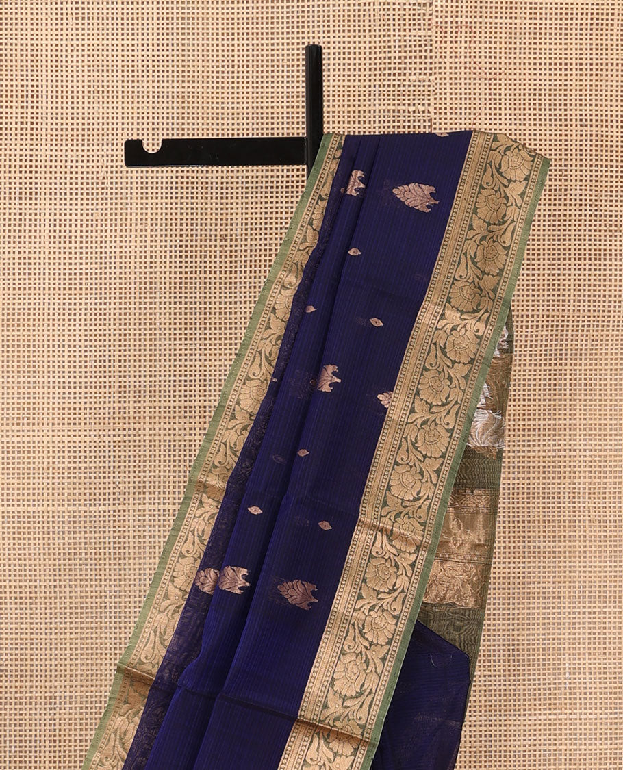 Blue zari buttas silk cotton saree, contrast floral creeper zari border, and pallu of floral designs