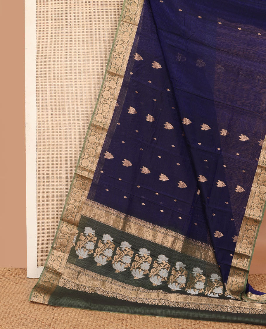Blue zari buttas silk cotton saree, contrast floral creeper zari border, and pallu of floral designs