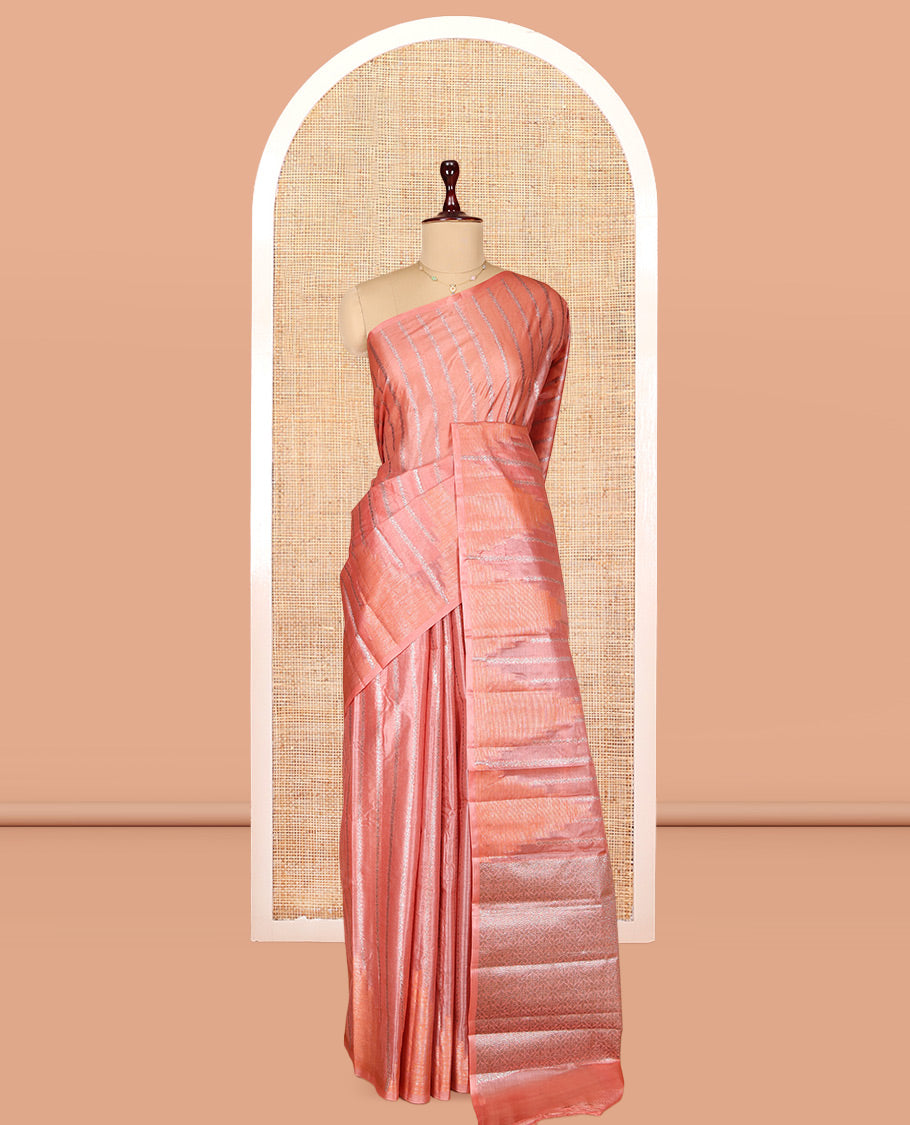 Borderless Peach Tusser Silk Saree, Embellished with Zari Stripes and Temple Design, a Grand Jaal Pallu, and a Matching Blouse