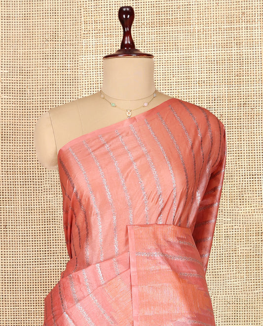 Borderless Peach Tusser Silk Saree, Embellished with Zari Stripes and Temple Design, a Grand Jaal Pallu, and a Matching Blouse