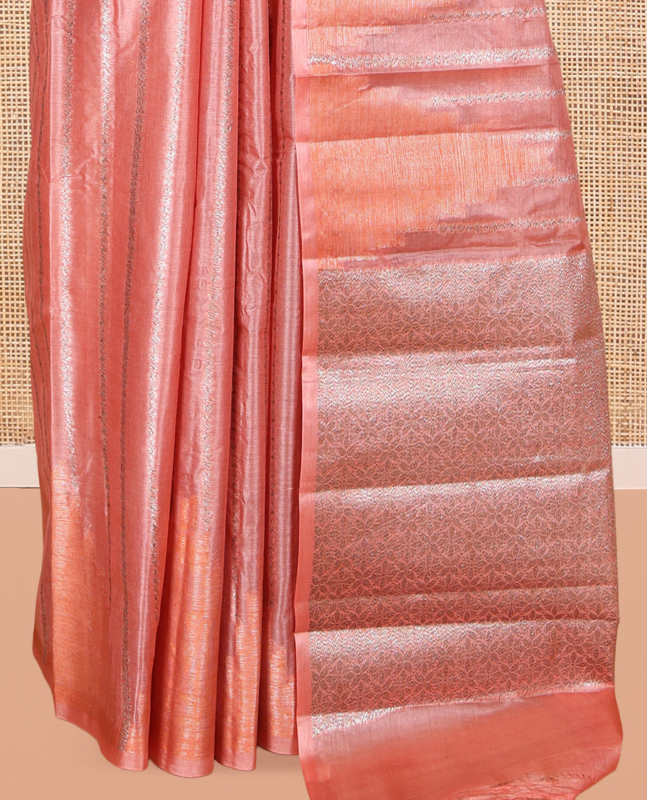 Borderless Peach Tusser Silk Saree, Embellished with Zari Stripes and Temple Design, a Grand Jaal Pallu, and a Matching Blouse
