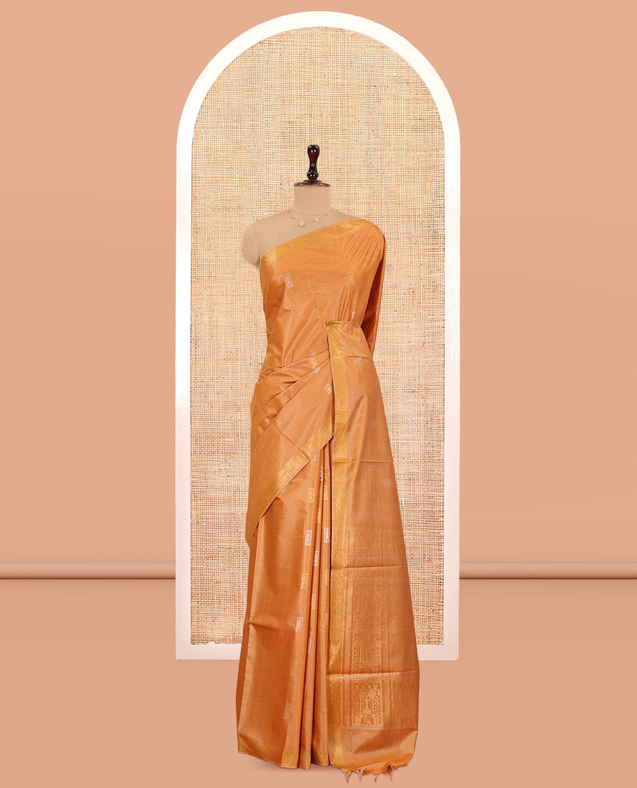 Grey Tussar Saree, Styled with Warli Buttas, a Subtle Zari Border, Pallu of Warli Weave, and a Matching Blouse
