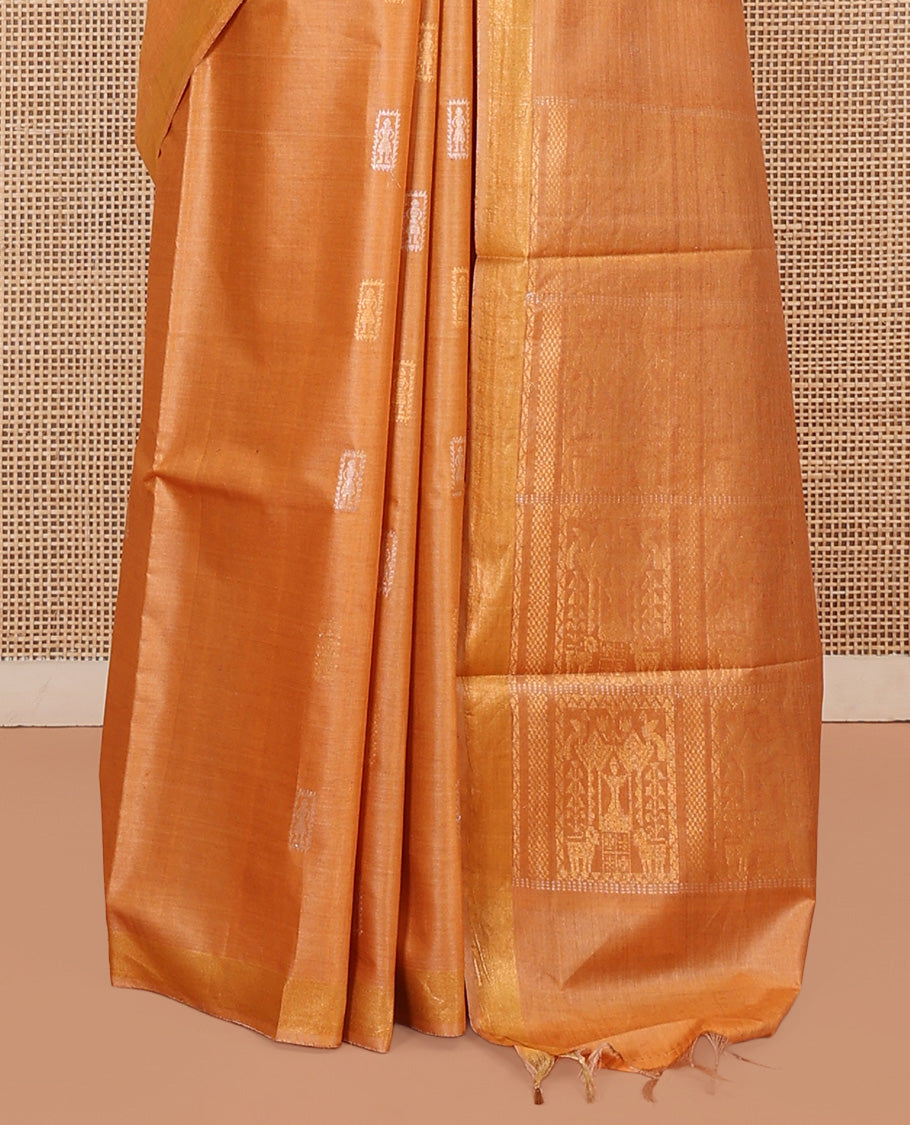 Grey Tussar Saree, Styled with Warli Buttas, a Subtle Zari Border, Pallu of Warli Weave, and a Matching Blouse