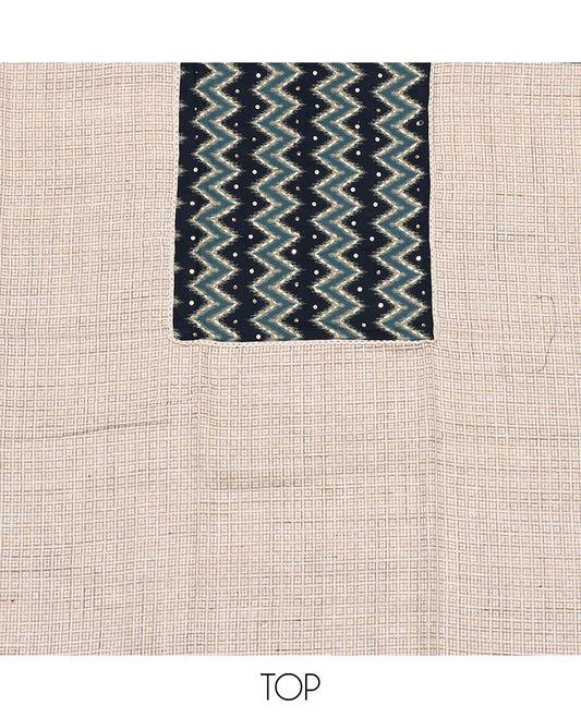 Sandal and blue material chudidar set, checks with neck ikkat embroidered top, plain bottom, and floral and chevron printed dupatta