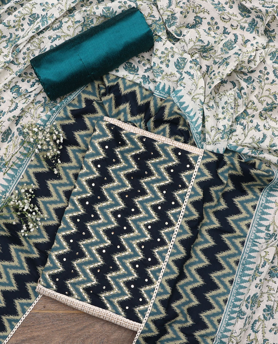 Sandal and blue material chudidar set, checks with neck ikkat embroidered top, plain bottom, and floral and chevron printed dupatta